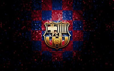 Download wallpapers FC Barcelona, glitter logo, La Liga, blue purple checkered background, soccer, Barcelona FC, spanish football club, Barcelona logo, mosaic art, football, LaLiga, Spain, FCB for desktop